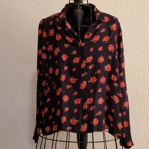 Volcom Black with Red Roses Open Back Blouse S